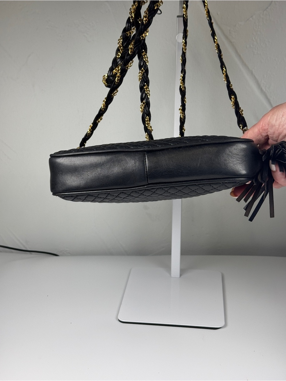 Bally Black Lambskin Quilted Crossbody with Gold Chain Tassel zipper pull - Picture 3 of 11